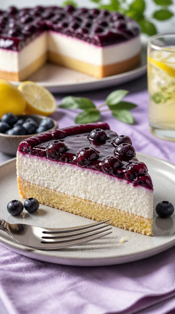 Schmandtorte mit Waldbeeren auf einem weißen Teller dekoriert