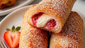 Schnelle Erdbeer-Cheesecake-Egg-Rolls auf einem Teller serviert