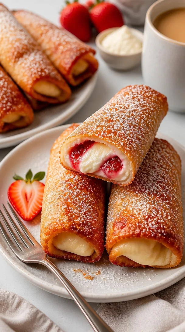 Schnelle Erdbeer-Cheesecake-Egg-Rolls auf einem Teller serviert