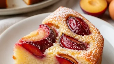 Schneller Zwetschgenkuchen mit Schmandguss auf einem Teller