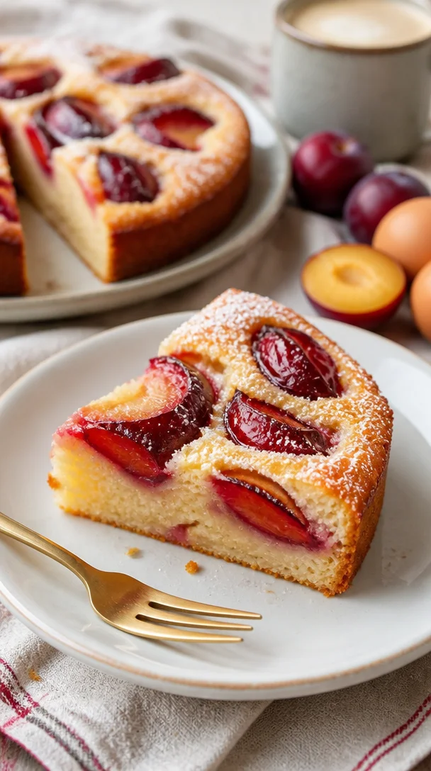 Schneller Zwetschgenkuchen mit Schmandguss auf einem Teller