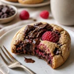 Schoko-Himbeer-Kekse auf einem Teller, dekoriert mit frischen Himbeeren und Schokolade.