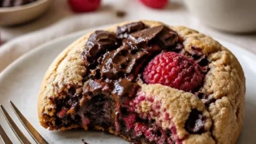 Schoko-Himbeer-Kekse auf einem Teller, dekoriert mit frischen Himbeeren und Schokolade.