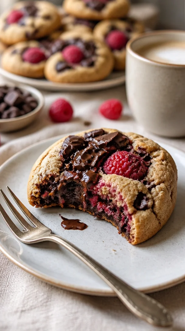 Schoko-Himbeer-Kekse auf einem Teller, dekoriert mit frischen Himbeeren und Schokolade.