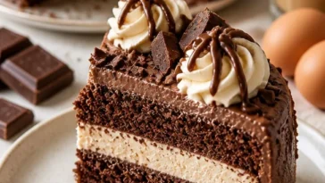 Schoko-Mascarpone-Torte in einem eleganten Stück serviert