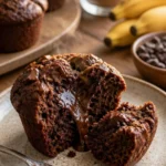 Schokoladen-Bananenmuffins auf einem Holztablett, frisch gebacken und dekoriert mit Schokoladenstückchen.