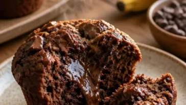 Schokoladen-Bananenmuffins auf einem Holztablett, frisch gebacken und dekoriert mit Schokoladenstückchen.
