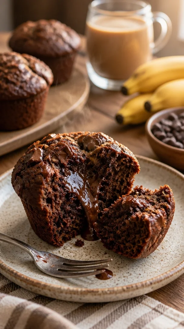 Schokoladen-Bananenmuffins auf einem Holztablett, frisch gebacken und dekoriert mit Schokoladenstückchen.