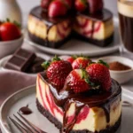 Schokoladen-Erdbeer-Wirbel-Käsekuchen mit schokoladigem Ganache-Topping