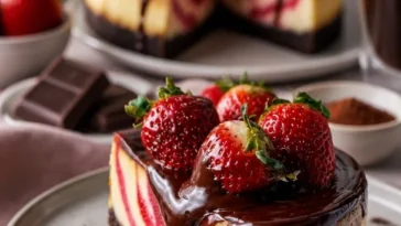 Schokoladen-Erdbeer-Wirbel-Käsekuchen mit schokoladigem Ganache-Topping