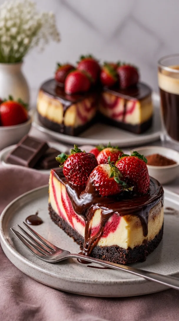 Schokoladen-Erdbeer-Wirbel-Käsekuchen mit schokoladigem Ganache-Topping
