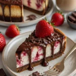 Schokoladen-Erdbeeren Swirl Käsekuchen auf einem Teller mit frischen Erdbeeren