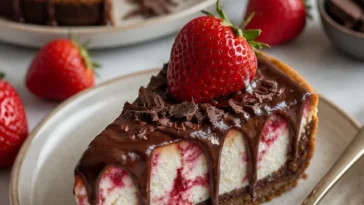 Schokoladen-Erdbeeren Swirl Käsekuchen auf einem Teller mit frischen Erdbeeren