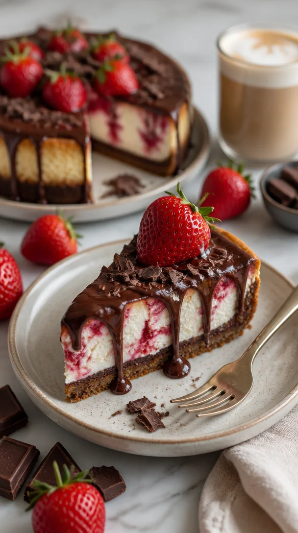 Schokoladen-Erdbeeren Swirl Käsekuchen auf einem Teller mit frischen Erdbeeren