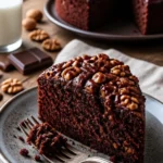 Schokoladenkuchen Nuss mit Nüssen und Schokolade, köstlicher Dessert.