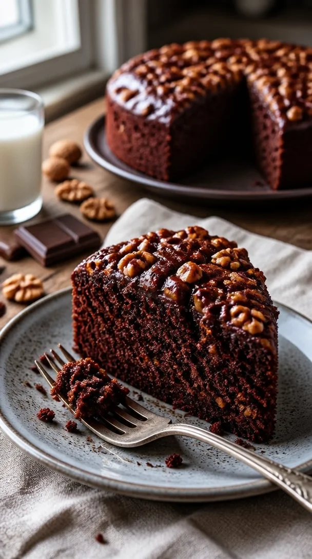 Schokoladenkuchen Nuss mit Nüssen und Schokolade, köstlicher Dessert.