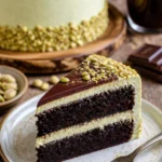 Schokoladenpistazienkuchen mit saftigem Teig und knackigen Pistazien dekoriert.