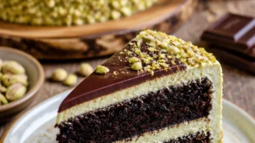 Schokoladenpistazienkuchen mit saftigem Teig und knackigen Pistazien dekoriert.