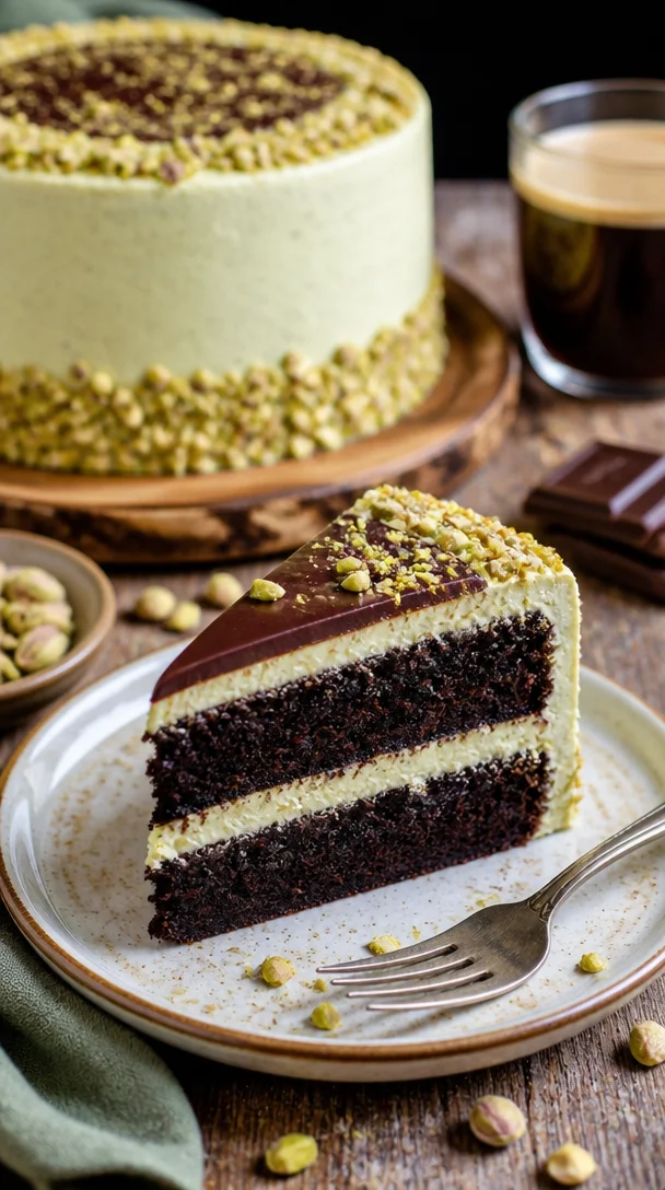 Schokoladenpistazienkuchen mit saftigem Teig und knackigen Pistazien dekoriert.