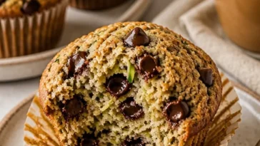 Leckere Schokoladenstückchen Zucchini Muffins mit Zimt auf einem Teller