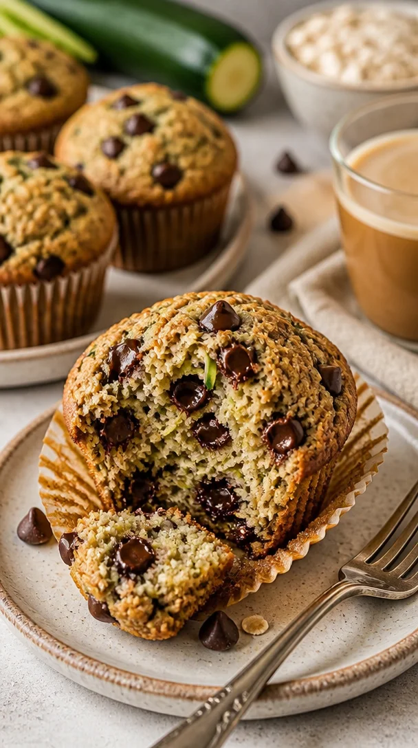 Leckere Schokoladenstückchen Zucchini Muffins mit Zimt auf einem Teller