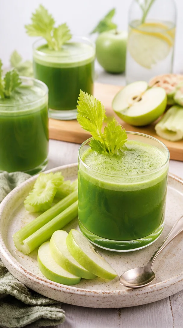 Glas Sellerie-Apfel-Saft auf Holzoberfläche, gesundes Getränk