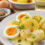 Senfeier mit Kartoffeln auf einem Teller serviert