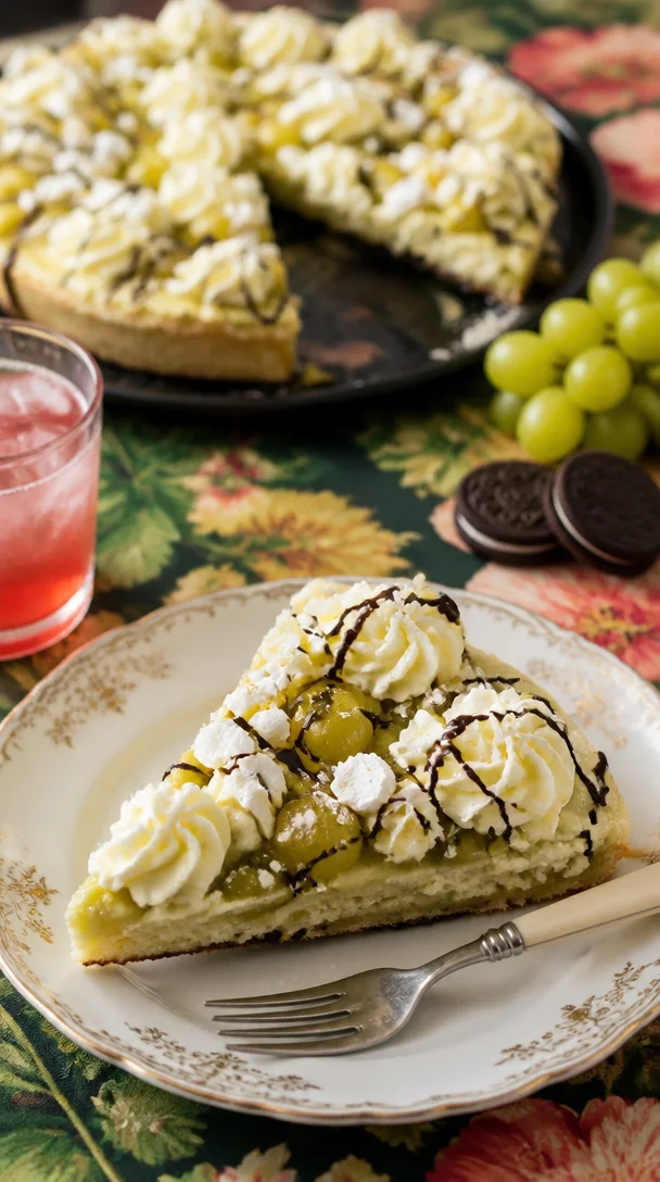Stachelbeer-Sahnereis-Torte mit Oreos auf einem Teller präsentiert