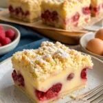 Streuselkuchen mit Kirschen und Pudding auf einem Teller serviert