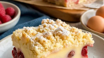 Streuselkuchen mit Kirschen und Pudding auf einem Teller serviert