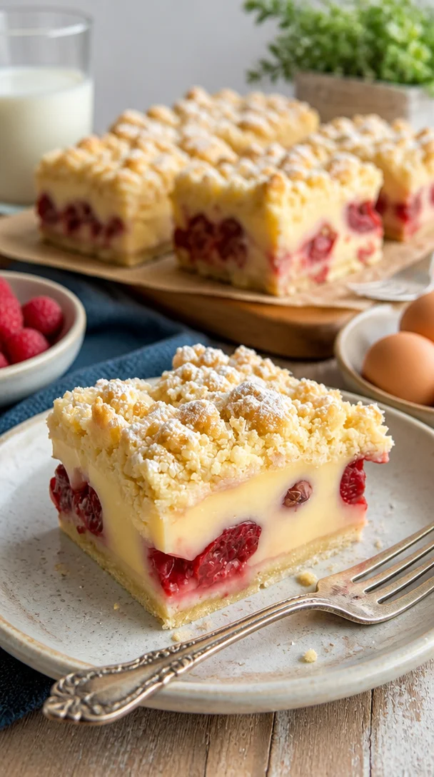 Streuselkuchen mit Kirschen und Pudding auf einem Teller serviert
