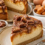 Twix-Käsekuchen-Pie mit Schokoladensauce und Karamell garnieren
