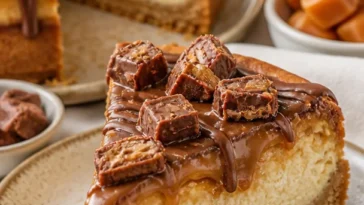 Twix-Käsekuchen-Pie mit Schokoladensauce und Karamell garnieren