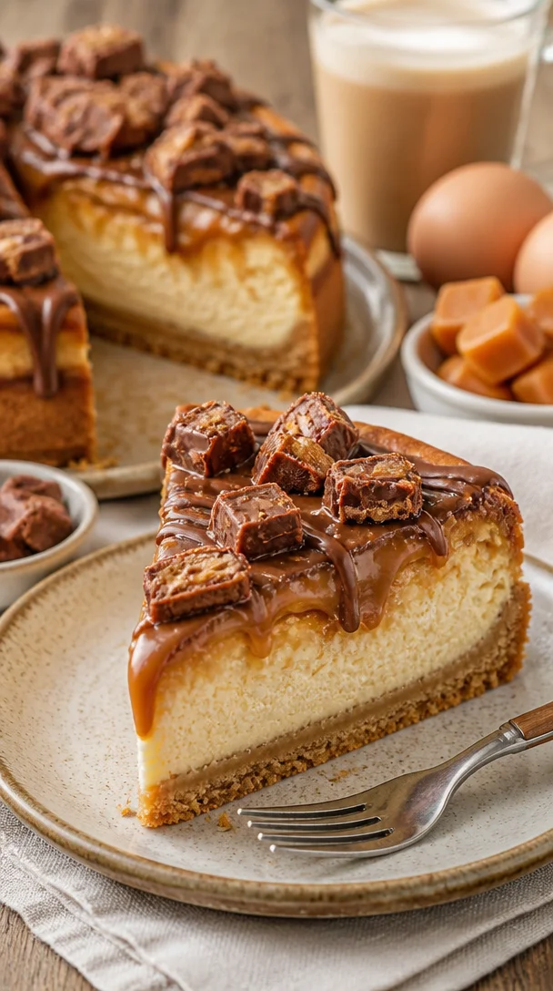 Twix-Käsekuchen-Pie mit Schokoladensauce und Karamell garnieren