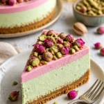Luxuriöser Pistazien-Rosen-Käsekuchen mit einer dekadenten Garnitur aus Pistazien und Rosen.