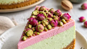 Luxuriöser Pistazien-Rosen-Käsekuchen mit einer dekadenten Garnitur aus Pistazien und Rosen.