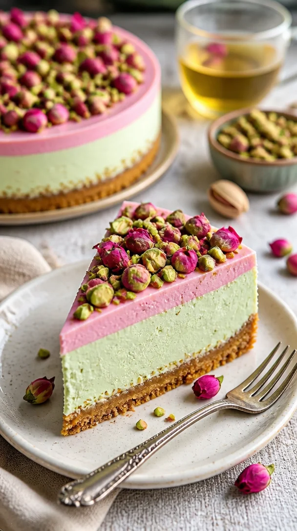 Luxuriöser Pistazien-Rosen-Käsekuchen mit einer dekadenten Garnitur aus Pistazien und Rosen.