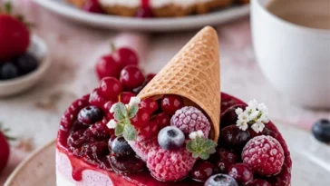 Waldfrucht Eistorte mit frischen Beeren auf einem eleganten Dessertteller