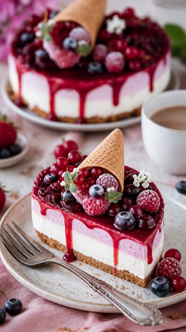 Waldfrucht Eistorte mit frischen Beeren auf einem eleganten Dessertteller