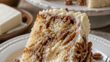 Weißer deutscher Schokoladenkuchen mit Käsekuchen-Mitte in einer klassischen Backform.