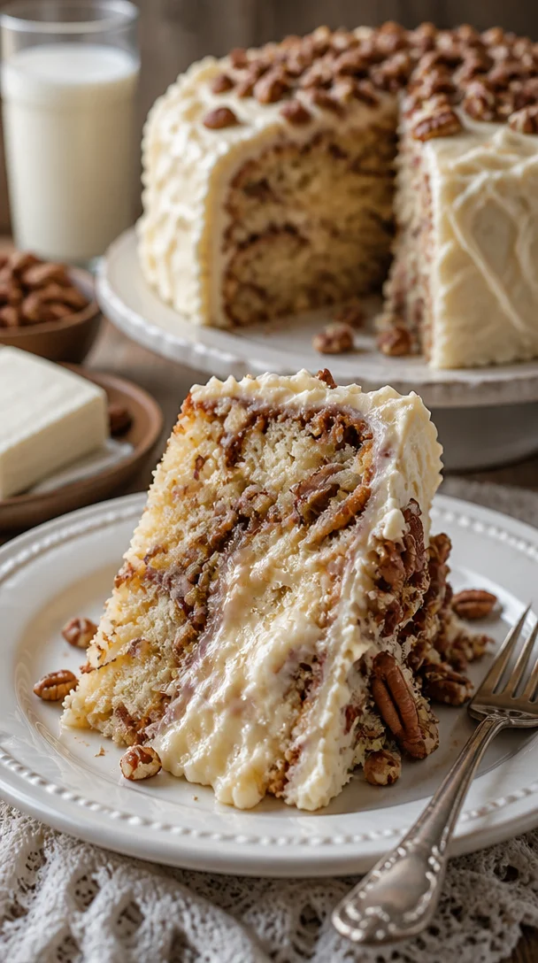 Weißer deutscher Schokoladenkuchen mit Käsekuchen-Mitte in einer klassischen Backform.