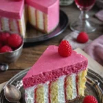Wickeltorte mit Himbeeren auf einem Teller, dekoriert mit frischen Himbeeren.