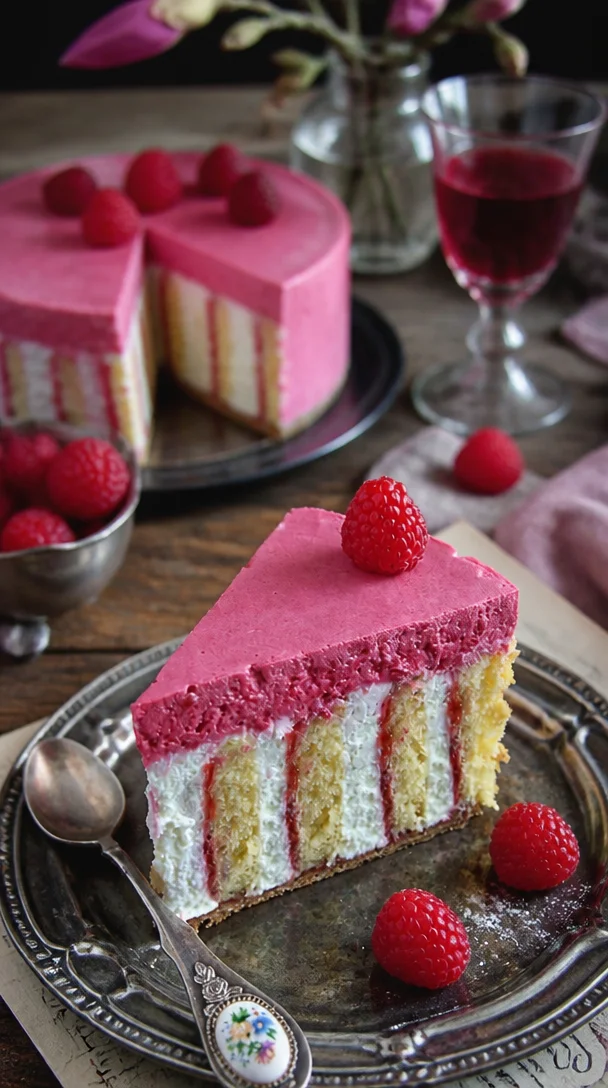 Wickeltorte mit Himbeeren auf einem Teller, dekoriert mit frischen Himbeeren.