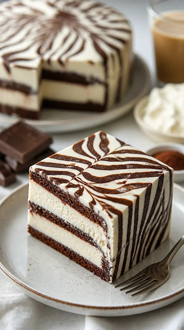 Zebra Semifreddo mit Schichten aus Schokolade und Vanille, serviert im Dessertglas.