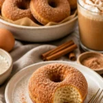 Frisch gebackene Zimt-Zucker-Donuts auf einem Teller, verziert mit Zimt und Zucker.