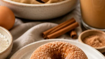 Frisch gebackene Zimt-Zucker-Donuts auf einem Teller, verziert mit Zimt und Zucker.
