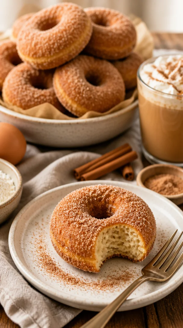 Frisch gebackene Zimt-Zucker-Donuts auf einem Teller, verziert mit Zimt und Zucker.