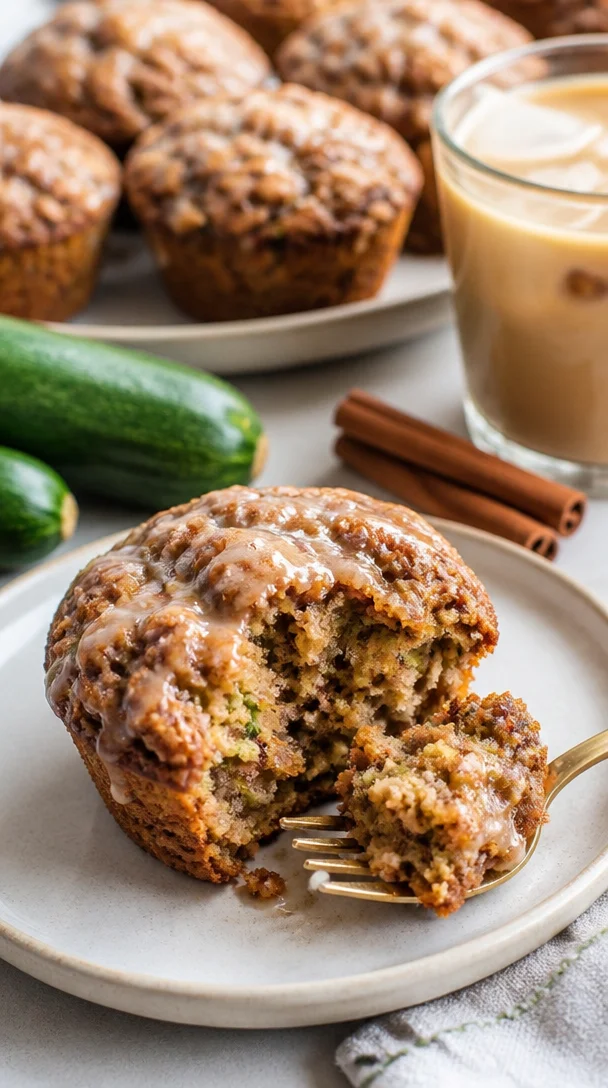 Zimtrolle Muffins mit Zucchini auf einem rustikalen Tisch
