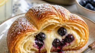 Frische Zitronen-Blaubeer-Croissants auf einer stilvollen Servierplatte
