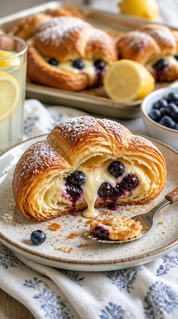 Frische Zitronen-Blaubeer-Croissants auf einer stilvollen Servierplatte